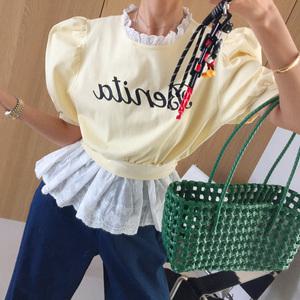 슈가볼 레터링 레이스 펀칭자수 레이어드 벌룬 퍼프 여름 반팔맨투맨 (3color)