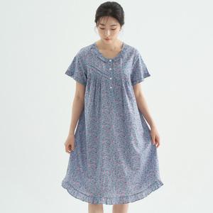 메이플라워 진한블루꽃 반팔 순면 여성 빅사이즈 원피스 잠옷