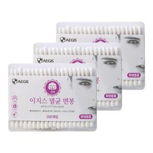이지스 성인용 순면 멸균면봉 200개입 x 3개 순면면봉 귀이개 고급면봉 성인용면봉