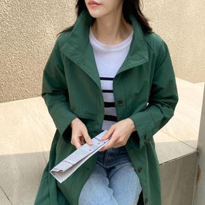 여자 봄 여름 아우터 허리 스트링 하이넥 코튼 코트