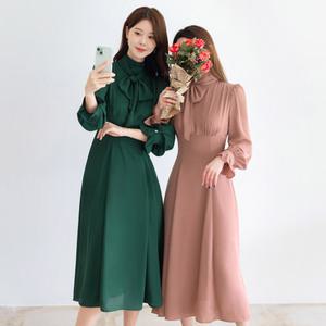 [시크라인] (~XXL까지) 오필리아 스카프 하이넥 볼륨셔링 하이웨스트핏 원피스 가을 하객룩 오피스룩 격식룩 데이트룩