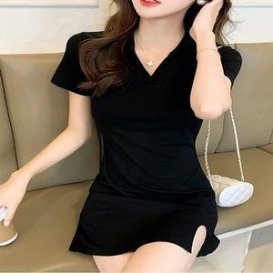 [오노마] ONM v넥 트임 카라 반팔 슬림핏 블랙 미니 원피스 데이트