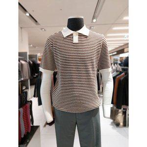 갤러리아 25S/S 바쏘옴므 브라운 스트라이프 카라니트 반팔 티셔츠 2WT34A