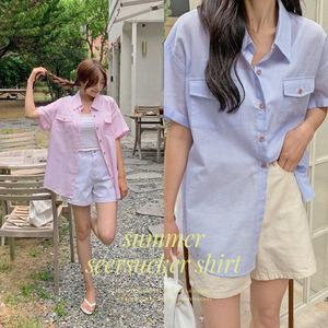 언빌리 썸머 오버핏 스트라이프 시어커서 반팔셔츠