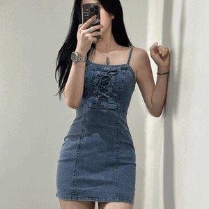 [갓샵]여성 데님 끈 나시 코르셋 원피스 [2color 뷔스티에 워터밤 흠뻑쇼 페스티벌 아일렛 미니원피스]