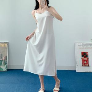 [옷자락]여자 사이드슬릿 하늘색 슬리브리스 코르셋 휴양지룩 롱원피스