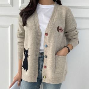 여성 Y단추 고양이 앞포켓 컬러풀 긴팔 가디건 CAT-WCD-3837-레드