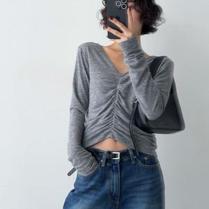 브이넥 슬림핏 앞중심 셔링 스판 배꼽티 긴팔티셔츠