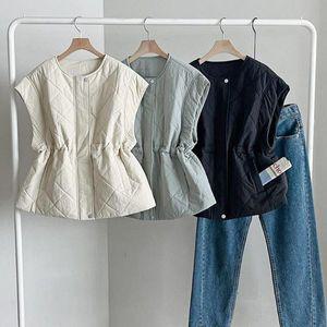 [옷자락]여자 다이아 누빔 스트링 노카라 간절기 패딩 베스트_P375387729