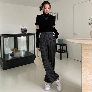 [옷자락]여자 가을 스트라이프 일자핏 밴딩 와이드 코튼 슬랙스_P348401717