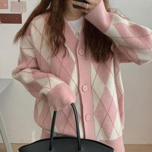 여자 여성 루즈핏 데일리룩 가디건 아가일 코디 롱 넬디