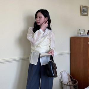 여자 유니크 허리리본 나시 레이어드 긴팔 블라우스