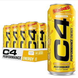 Cellucor C4 에너지 드링크, 스타버스트 레몬, 탄산 무설탕 운동 전 성능, 인공 색소나 염료 없음, 473.2ml
