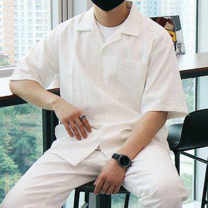 [우기브로]WWO 남자 빅사이즈 블랙드 린넨 반팔 오픈카라 셔츠