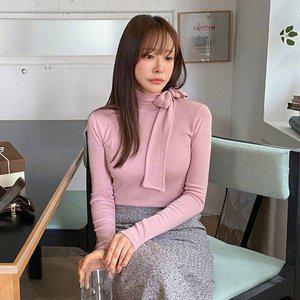 [옷자락]여성 하이넥 리본 슬림핏 기모 긴팔 티셔츠_P378315209