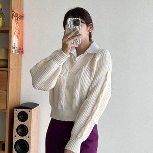 [옷자락]여성 루즈핏 가을출근룩 레이어드셔츠 케이블 니트_P348399450
