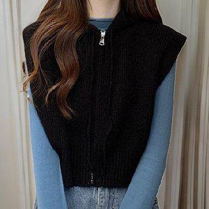 [옷자락]여성 집업 니트 베이직 세미크롭 후드 조끼