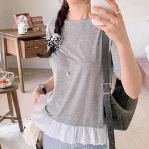 여자 배색 레이스 레이어드티 이너티 여름반팔 티셔츠