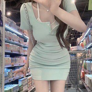 [신세계라이브쇼핑][옷자락] 여자 홀터넥 레이어드 셔링 슬림핏 반팔 원피스