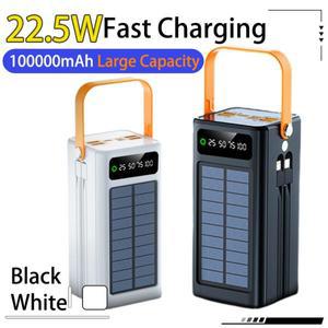 태양 광 보조베터리 100000mAh 대용량 고속 충전 iPhone Xiaomi Powerbank 용 분리형 케이블 내장