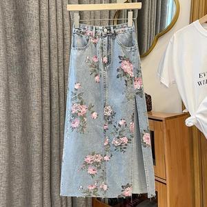 꽃 플라워프린팅 연청 빅사이즈청치마 여자 여성 여름 데님 스커트 슬림핏 A라인 5XL