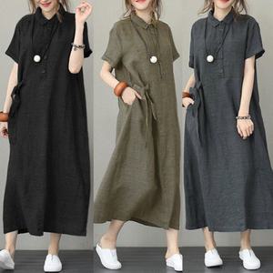 여름 린넨 카라 롱 원피스 치마 빅사이즈 루즈핏 퍼프 반팔 여성 결혼식 돌잔치 하객