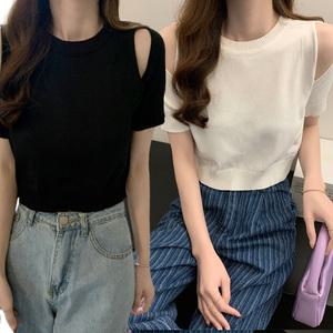 여름 라운드넥 반팔 니트티 오프숄더 절개 어깨 오픈 봄 가을 데일리 반팔티 겨울 이너티