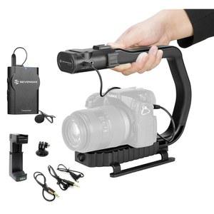 Movo MicRig-W1 무선 마이크 필름 키트 - 캐논 EOS, 니콘, 소니, 파나소닉 DSLR 및 미러리스 카메라와 호환되는 라발리에 마이크가 내장된 비디오 핸들 스태빌라이저
