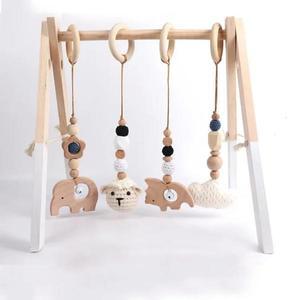 4Pcs 나무 장난감 나무 너도밤 활동 체육관 프레임 유모차 교수형 펜던트 장난감 Teether 반지 간호 딸랑이