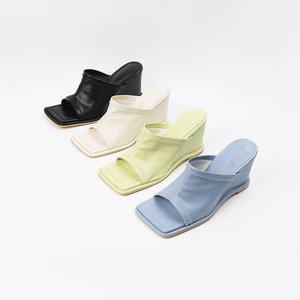 [신난다슈]여성 뮬 슬리퍼 힐 8cm 여름 웨지 뮬 샌들힐 사각코 하이힐 발편한 키높이 통굽 토오픈 MR259398
