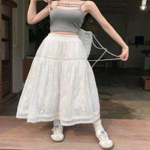 펀칭 레이스 스커트 롱 여름 스커트 밴딩 코튼 아일렛 면 스커트 화이트 치마 TT002