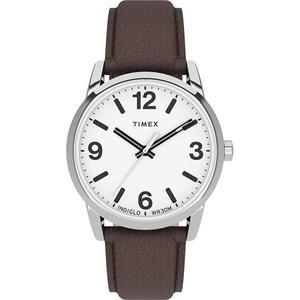 타이맥스 Timex Easy Reader 볼드 38mm 시계 실버 톤 케이스 화이트 브라운 가죽 스트랩