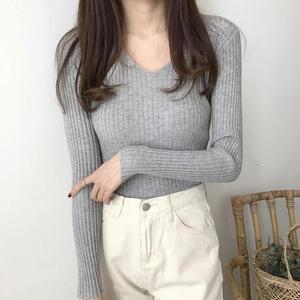 [XB8J1LN5]브이넥 슬림핏 여성스러운 골지니트 긴팔티셔츠