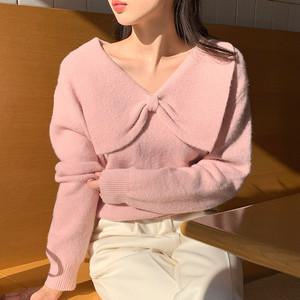 (여리루즈핏/로맨틱무드) 루비드 리본 카라 브이넥 긴팔 니트 nt4820