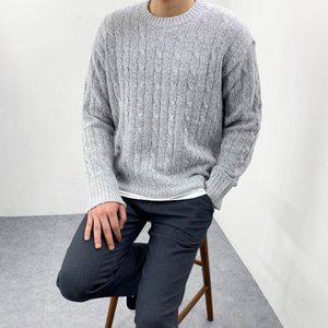 [엠클로] 남자 오버핏 파스텔 앙고라 꽈배기 라운드 니트 8컬러