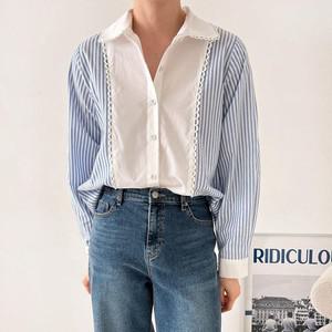 여자 스트라이프 레이스 배색 빅카라 오버핏 면 셔츠