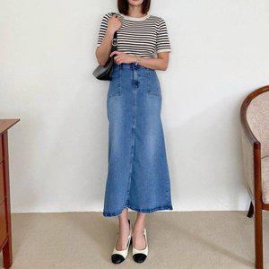 [옷자락]여성 히든밴딩 뒷트임 캐주얼 데일리 데님 롱스커트_P378079767