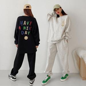 여성 88까지 면 나염 긴팔 롱 티셔츠 조거팬츠 트레이닝 세트 츄리닝 투피스 셋업 -WPST0143- 봄 가을