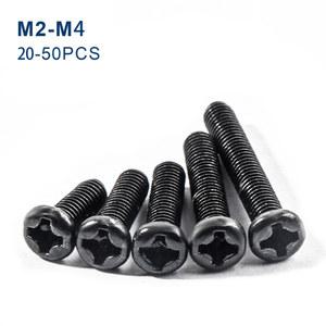 20 50PCS M2 M3 M4 검정색 탄소강 기계 나사 크로스 라운드 볼트 10 12 16 25 30MM