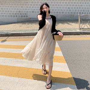 배색 숄더끈 디자인의 캉캉 롱 나시 원피스 op13923