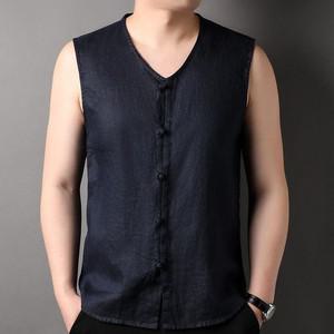 남성 조끼 민소매 솔리드 캐주얼 린넨 여름 얇은 브이