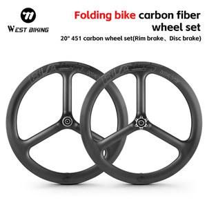 휠셋 WEST BIKING 카본 트라이스포크 451 자전거 휠셋 디스크 V 브레이크 BMX 접이식 자전거용 경량 공기역학 카본 휠 20 인치 40mm