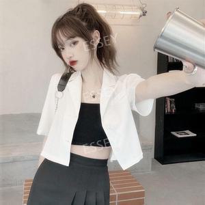 반팔카라자켓 여자 검정 자켓 여름 흰색 크롭 숏 짧은