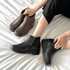 [슈리오]하이업 기모 가죽 통굽 앵클부츠 5cm