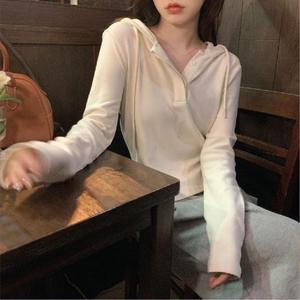 [오노마] ONM 봄 가을 간절기 여성 단추 긴팔 후드 티셔츠 캐주얼룩