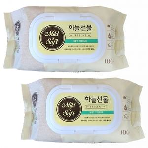 하늘선물 캡형 물티슈 100매 물휴지 2팩 휴대용 티슈 스페셜오퍼 대용량 생활용품 휴지 도톰한 도매