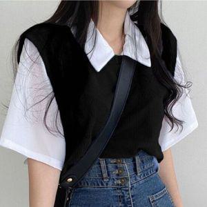 카라 티셔츠 골지 조끼 레이어드 외출 페이크