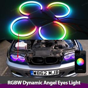 LED 라이트 링 RGBW 멀티 컬러 앱 리모컨 플로우 엔젤 아이, BMW E46 1998-2002 회전 시퀀셜, 4x