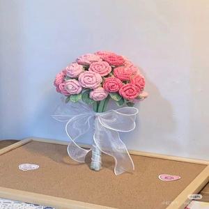 졸업꽃다발 수제 미니 장미 크로셰 꽃 인공 부케 웨딩 홈 데스크탑 장식 크리스마스 생일 선물