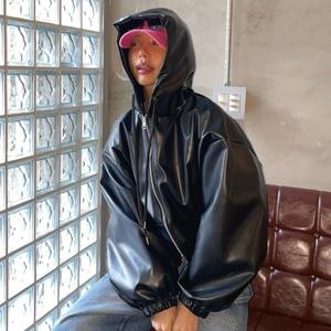 [옷자락] 여자 가죽재킷 벌룬 캥거루 후드집업 박시 힙한 자켓